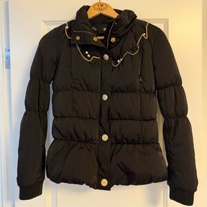 Love Moschino Black PufferJacket With Gold Chain and Hanging Pearls Size 6 / 42